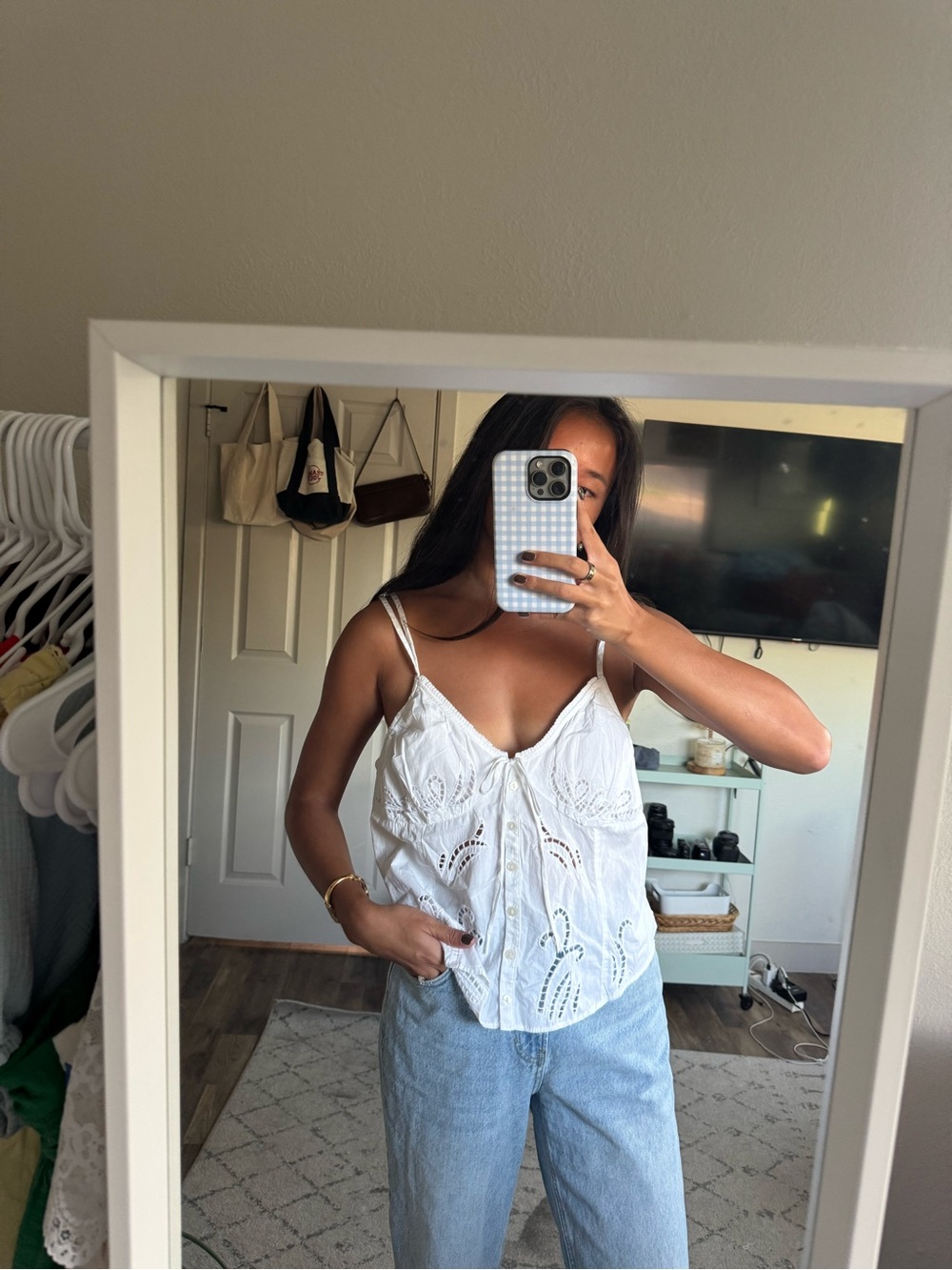 NWT Free people White eyelet lace cami top with button detail size medium